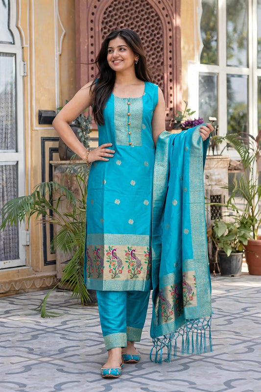 Women Mint Green Banarasi Silk Sleeveless Paithani Suit | Peacock Zari Work Straight Kurta Pant Dupatta Set ATL1001