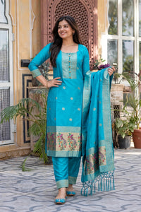 Women Mint Green Banarasi Silk Sleeveless Paithani Suit | Peacock Zari Work Straight Kurta Pant Dupatta Set ATL1001