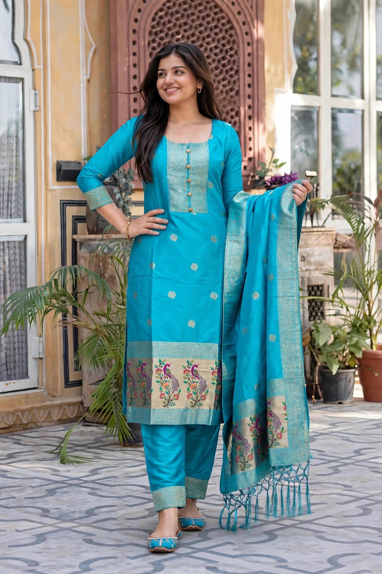 Women Mint Green Banarasi Silk Sleeveless Paithani Suit | Peacock Zari Work Straight Kurta Pant Dupatta Set ATL1001
