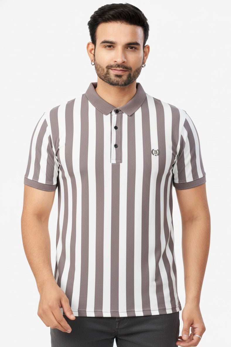 Men Striped Polo T-Shirt- Beige-White Slim Fit Polo 251181246