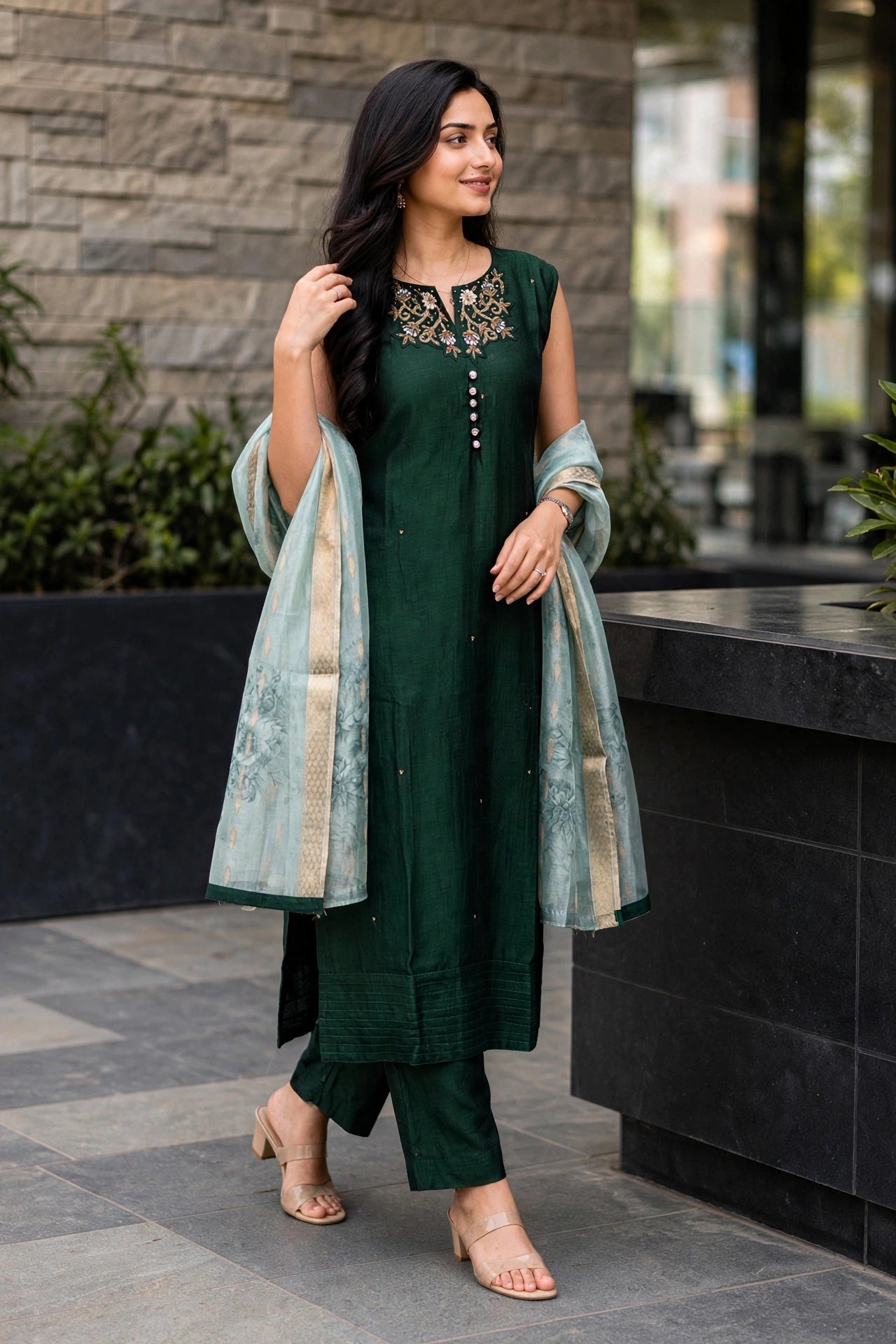 Women Bottle Green Zari Embroidered Kurti Pant Set with Dupatta 151-314