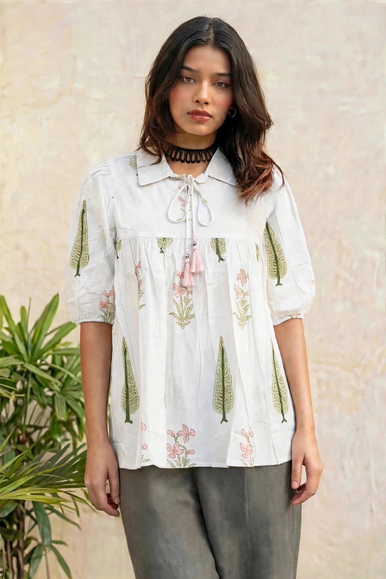 Women Pink Floral Printed Cotton Short Kurti - Collar Neck - Puff Sleeves with Tassel Dori ATL2300