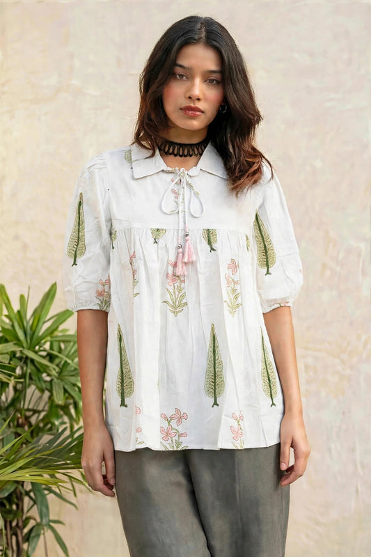 Women Pink Floral Printed Cotton Short Kurti - Collar Neck - Puff Sleeves with Tassel Dori ATL2300