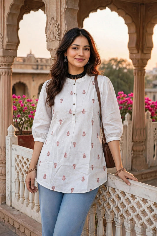 Women White Pink Embroidered Short Kurti - 3/4 Sleeves ATL9280