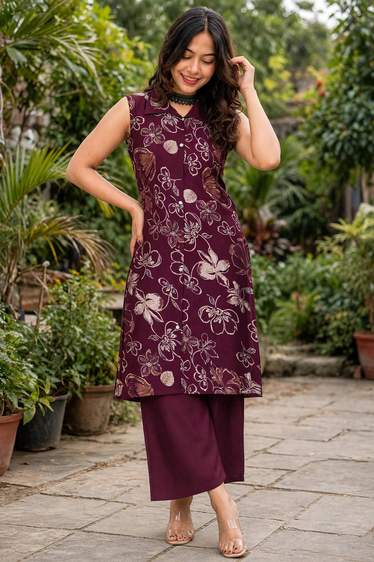 Women Wine Colour Floral Printed Sleeveless Kurta Plazo Co-ord Set SHALINI-273