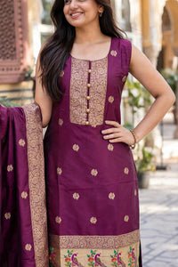 Women Wine Banarasi Silk Sleeveless Paithani Suit | Peacock Zari Work Straight Kurta Pant Dupatta Set ATL1001