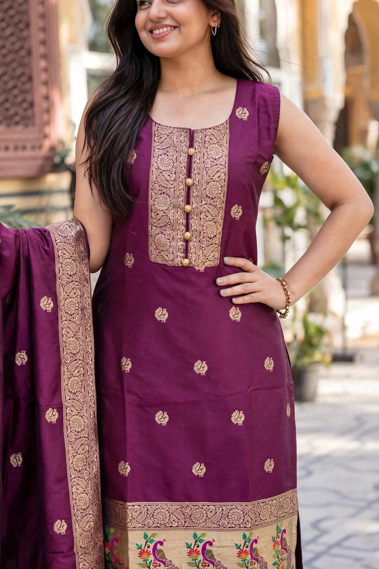 Women Wine Banarasi Silk Sleeveless Paithani Suit | Peacock Zari Work Straight Kurta Pant Dupatta Set ATL1001