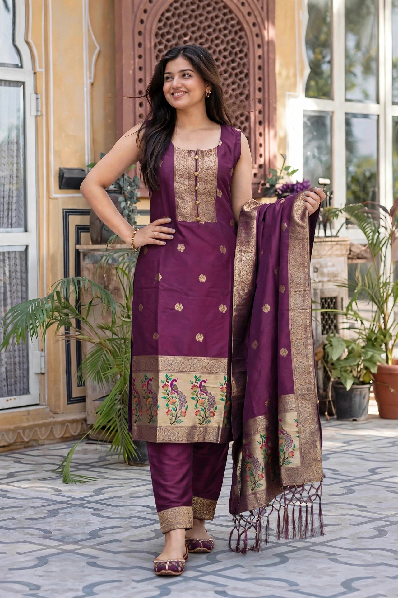 Women Wine Banarasi Silk Sleeveless Paithani Suit | Peacock Zari Work Straight Kurta Pant Dupatta Set ATL1001
