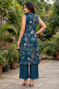 Women Blue Colour Floral Printed Sleeveless Kurta Plazo Co-ord Set SHALINI-273