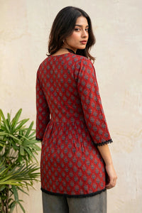 Women Rust Floral Printed Short Kurti 3/4 Sleeves - with Lace Border ATL1265