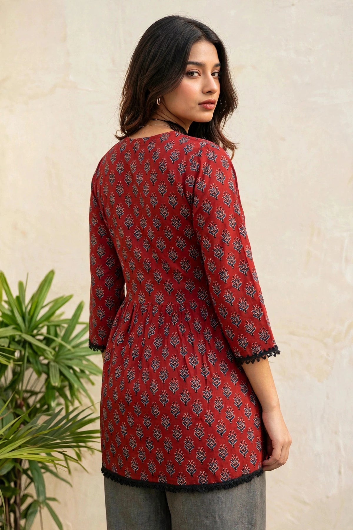 Women Rust Floral Printed Short Kurti 3/4 Sleeves - with Lace Border ATL1265