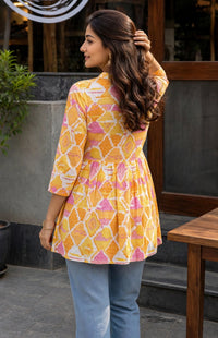 Women Yellow Floral Cotton Short Frock Kurti - 3/4 Sleeves ATL5255