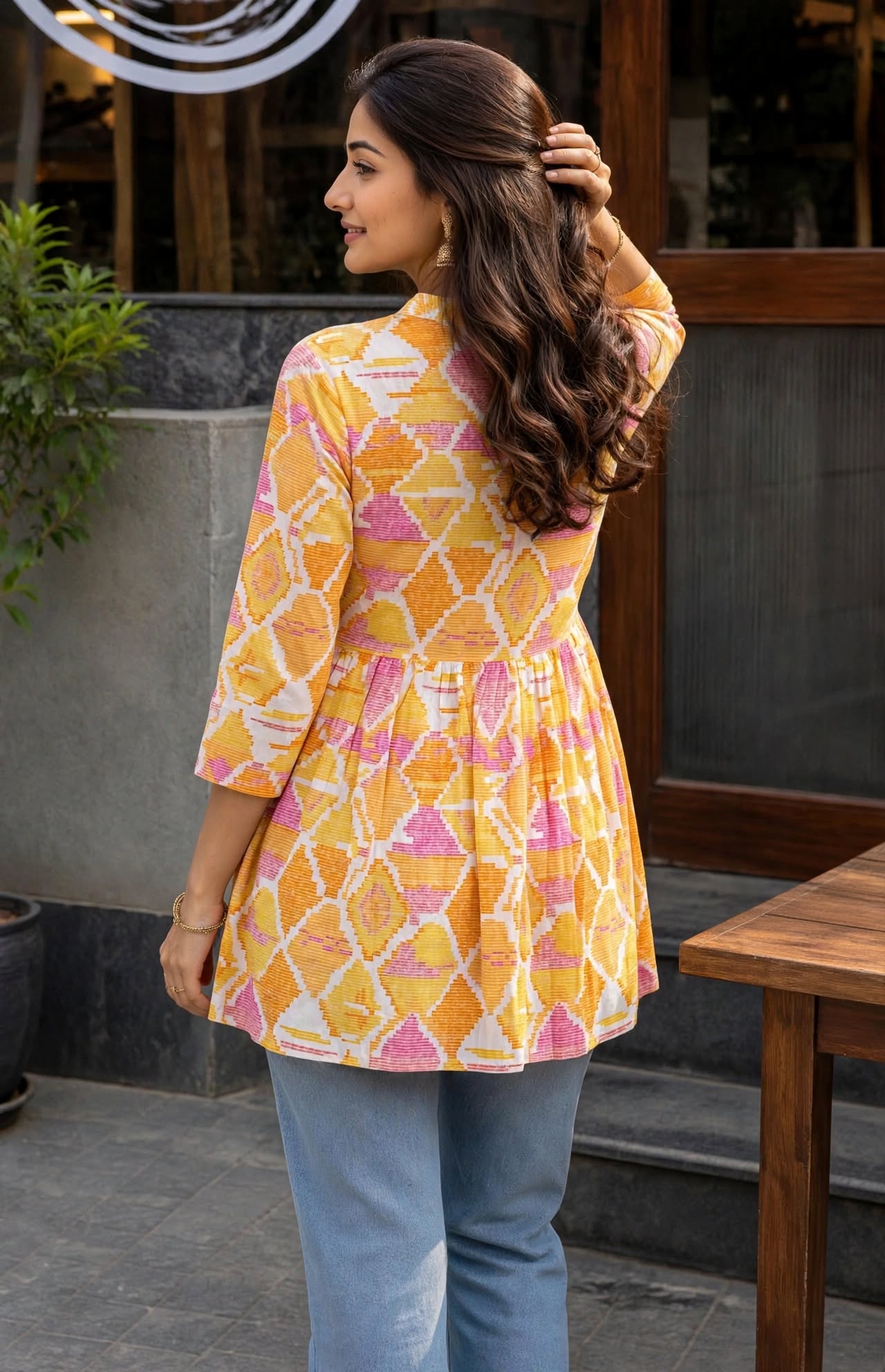 Women Yellow Floral Cotton Short Frock Kurti - 3/4 Sleeves ATL5255