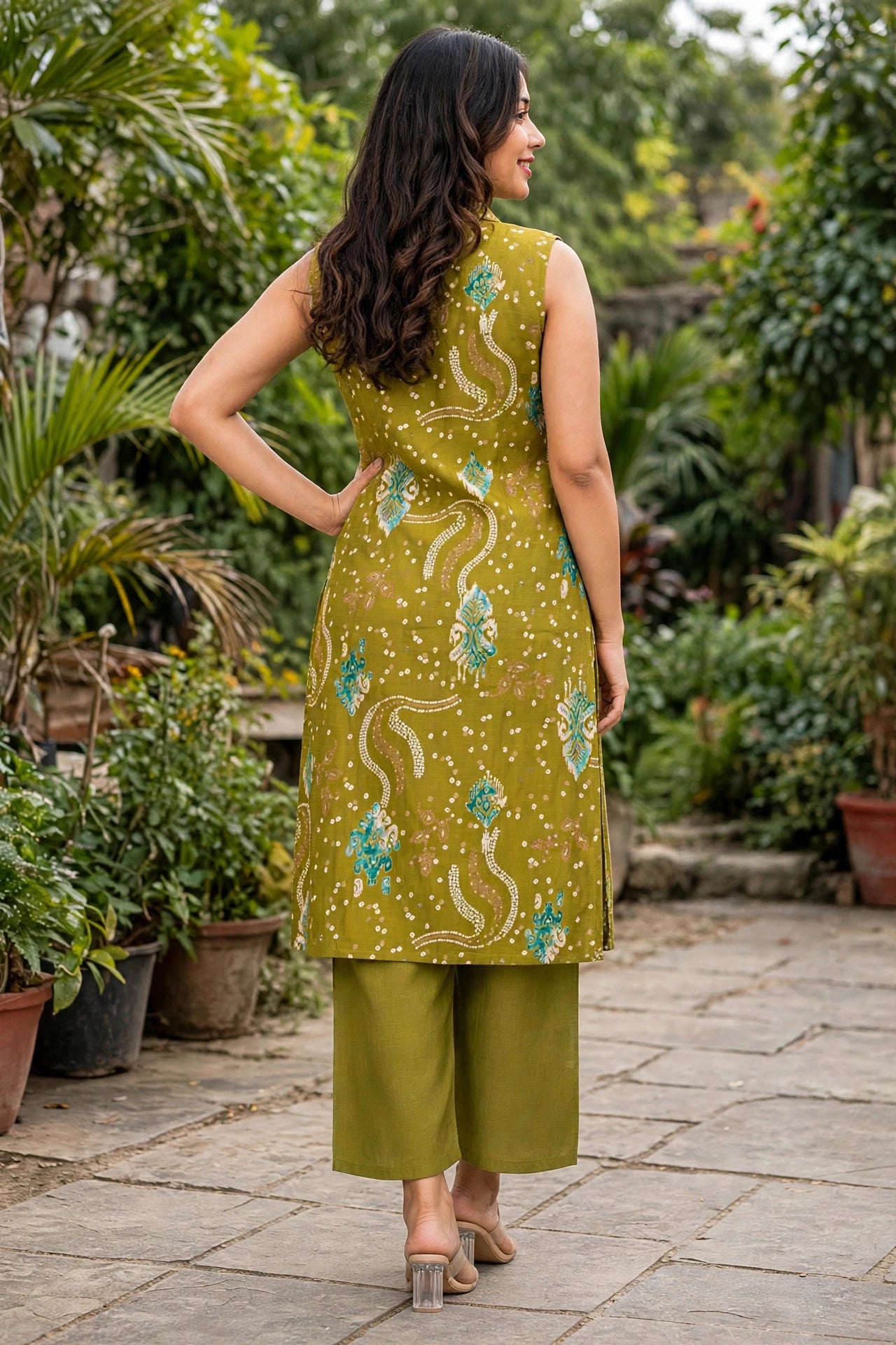 Women Green Bandhani Printed Sleeveless Kurta & Plazo Coord Set SHALINI-269