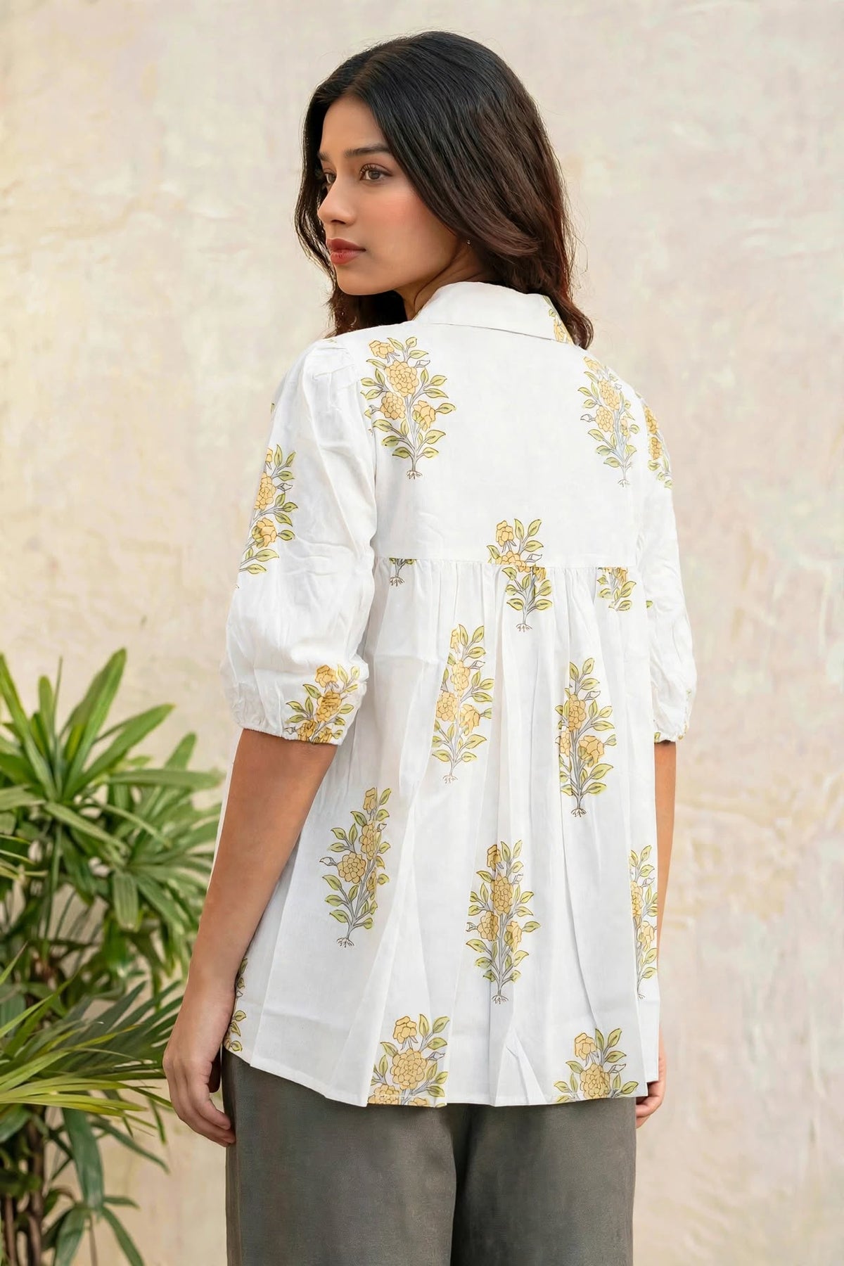 Women Parrot Green Floral Printed Cotton Short Kurti - Collar Neck - Puff Sleeves with Tassel Dori ATL2300