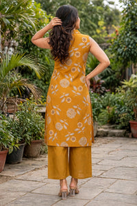 Women Haldi Yellow Rose Printed Sleeveless Kurta & Plazo Coord Set SHALINI-275