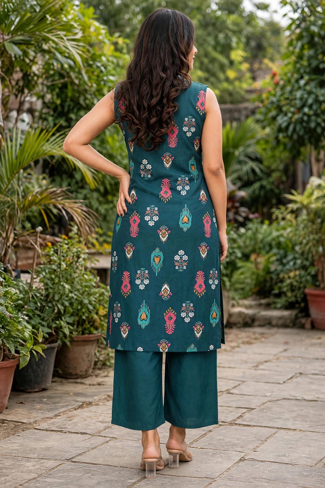 Women Blue Ikat Printed Sleeveless Kurta & Plazo Coord Set SHALINI-282