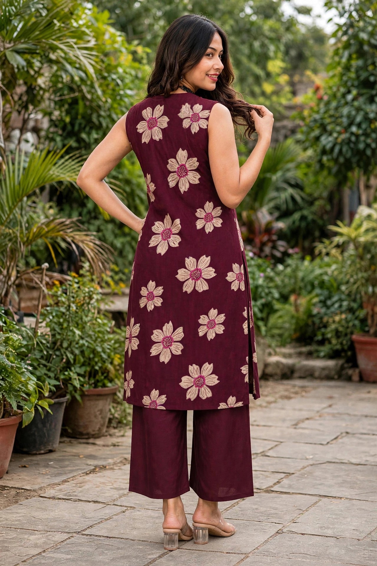 Women Wine Colour Floral Printed Sleeveless Kurta & Plazo Coord Set SHALINI-277