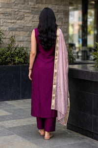 Women Wine Zari Embroidered Kurti Pant Set with Dupatta 151-314