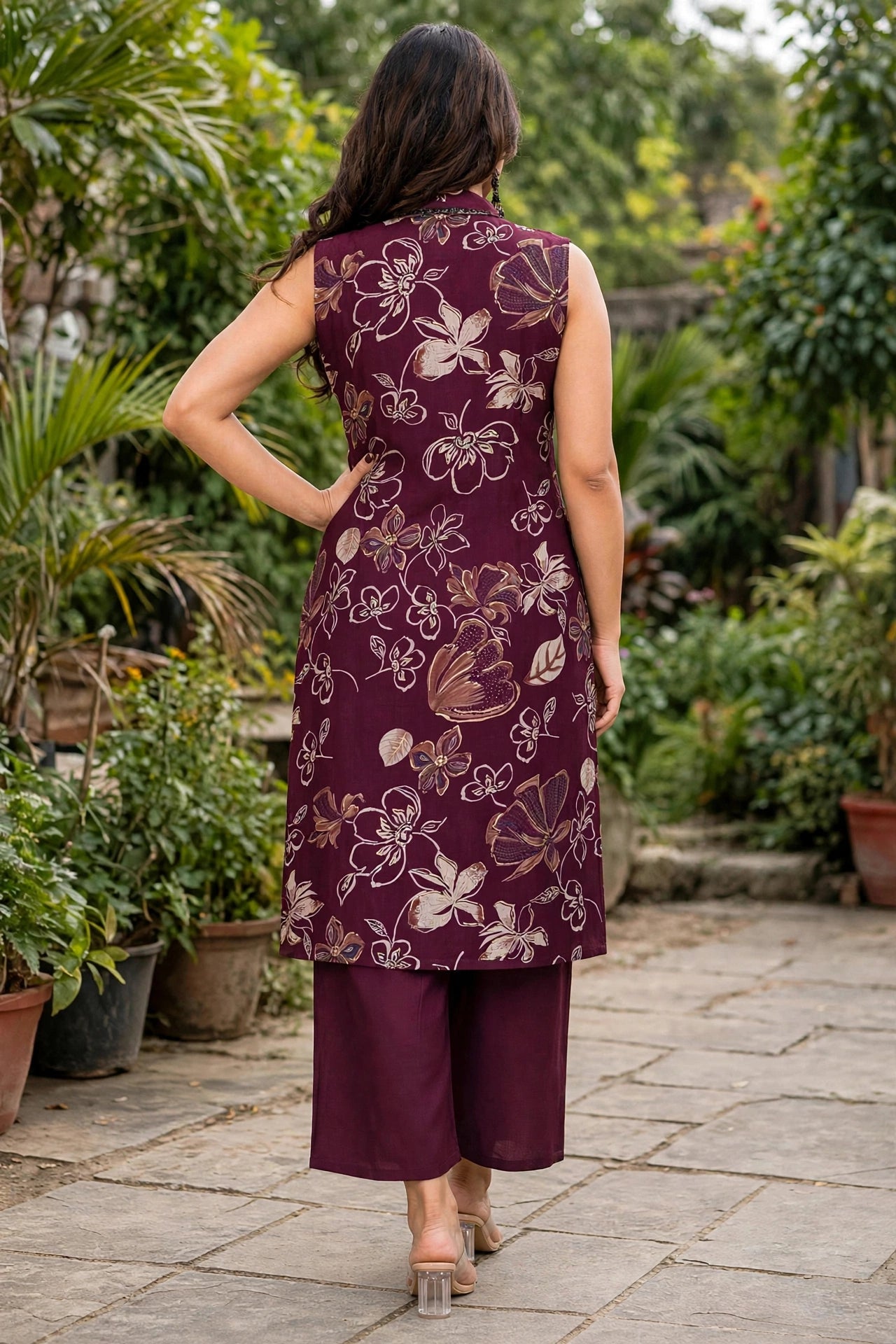 Women Wine Colour Floral Printed Sleeveless Kurta Plazo Co-ord Set SHALINI-273