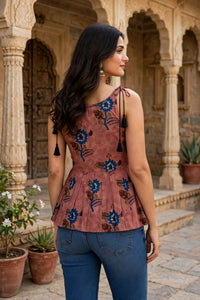 Women Rust Floral Printed Short Kurti - Sleeveless Peplum Top with Tassels ATL7194