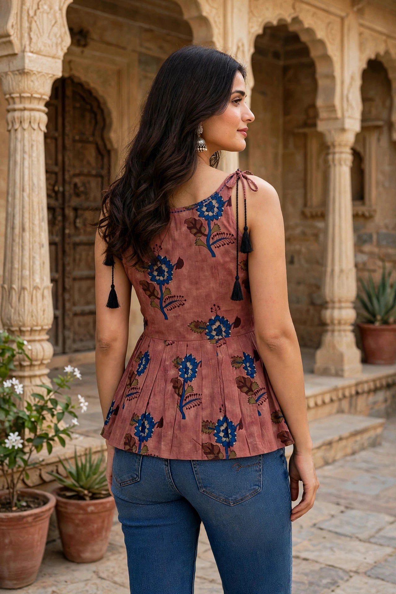 Women Rust Floral Printed Short Kurti - Sleeveless Peplum Top with Tassels ATL7194