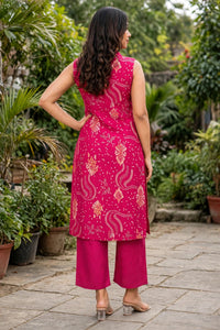 Women Pink Bandhani Printed Sleeveless Kurta & Plazo Coord Set SHALINI-269