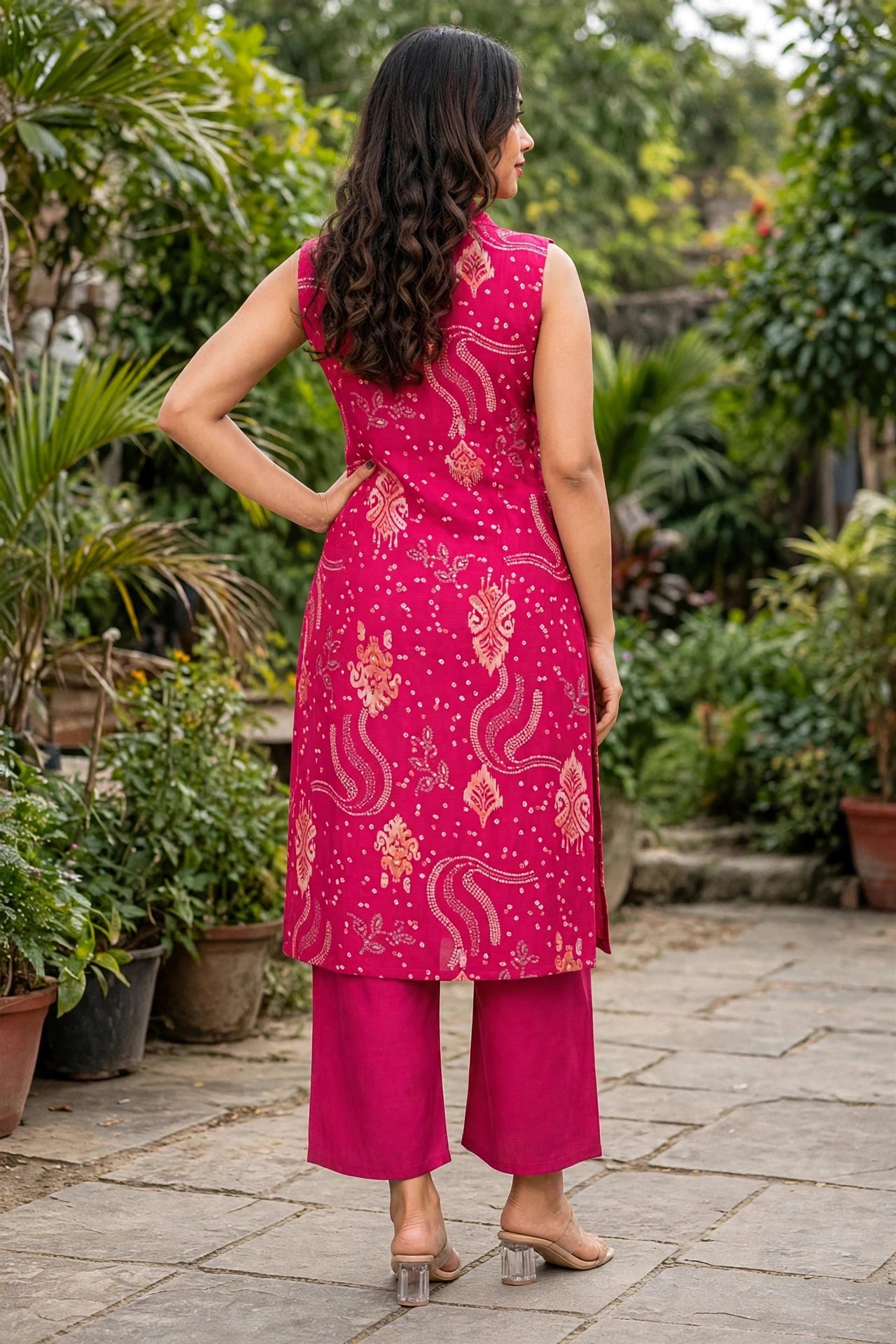 Women Pink Bandhani Printed Sleeveless Kurta & Plazo Coord Set SHALINI-269