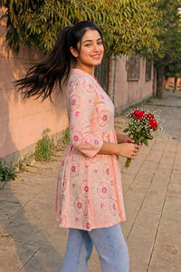 Women Orange Floral Cotton Short Frock Kurti - 3/4 Sleeves ATL5255