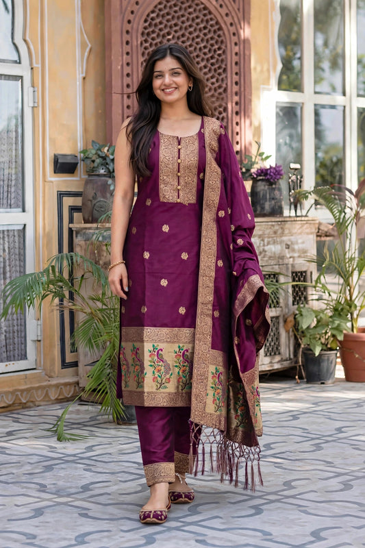 Women Wine Banarasi Silk Sleeveless Paithani Suit | Peacock Zari Work Straight Kurta Pant Dupatta Set ATL1001