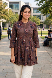Women Brown Floral Cotton Short Frock Kurti - 3/4 Sleeves ATL5255