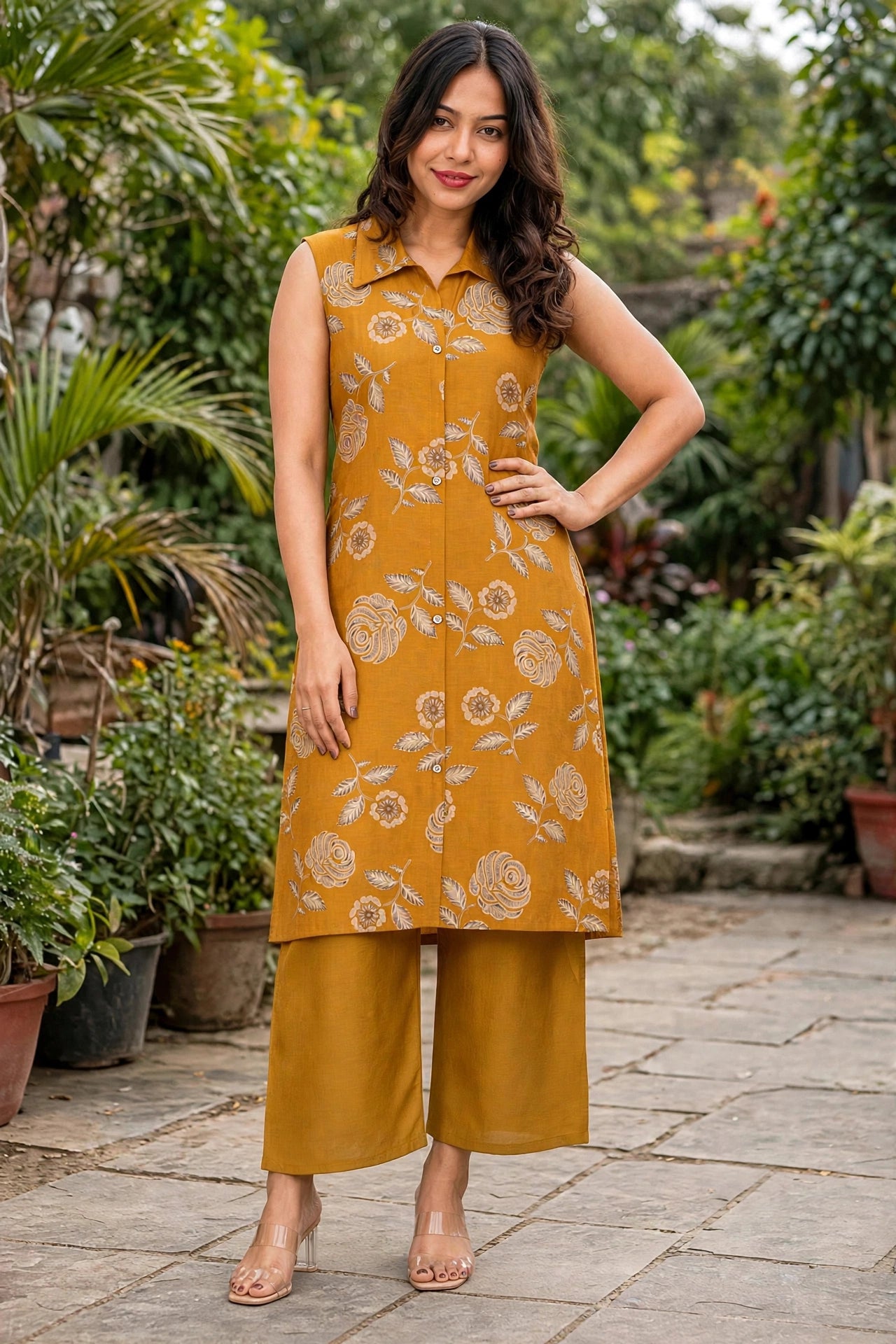Women Haldi Yellow Rose Printed Sleeveless Kurta & Plazo Coord Set SHALINI-275