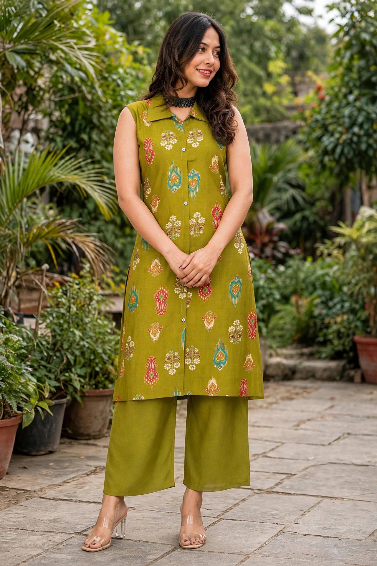 Women Teal Green Ikat Printed Sleeveless Kurta & Plazo Coord Set SHALINI-282