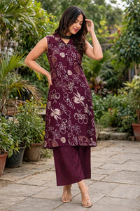 Women Wine Colour Floral Printed Sleeveless Kurta Plazo Co-ord Set SHALINI-273