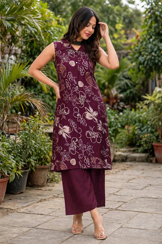 Women Wine Colour Floral Printed Sleeveless Kurta Plazo Co-ord Set SHALINI-273