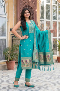 Women Rama Green Banarasi Silk Sleeveless Paithani Suit | Peacock Zari Work Straight Kurta Pant Dupatta Set ATL1001