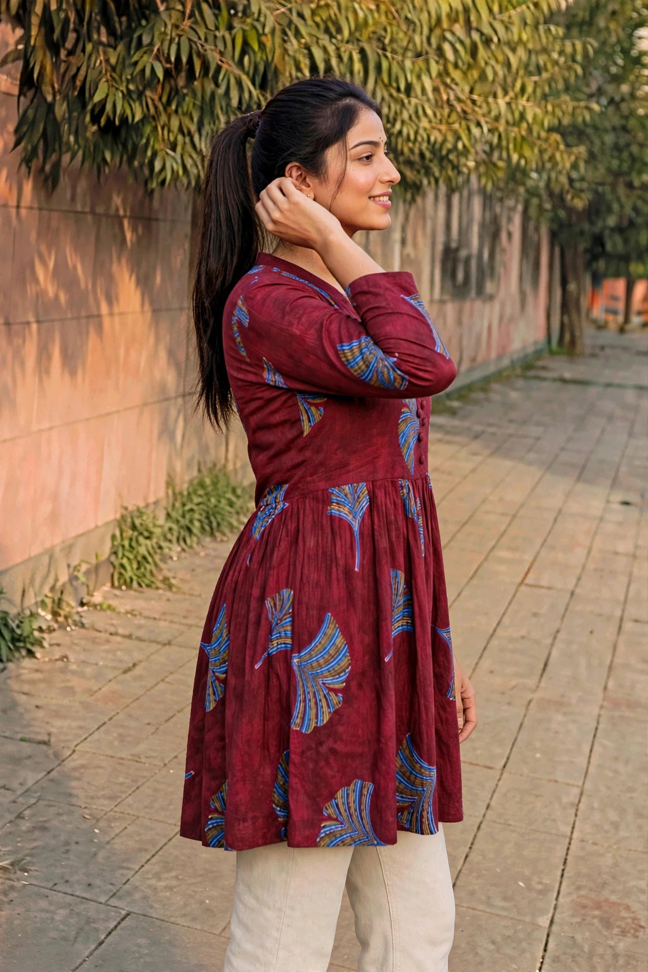 Women Maroon Floral Cotton Short Frock Kurti - 3/4 Sleeves ATL5255