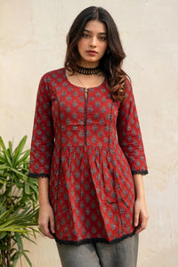 Women Rust Floral Printed Short Kurti 3/4 Sleeves - with Lace Border ATL1265