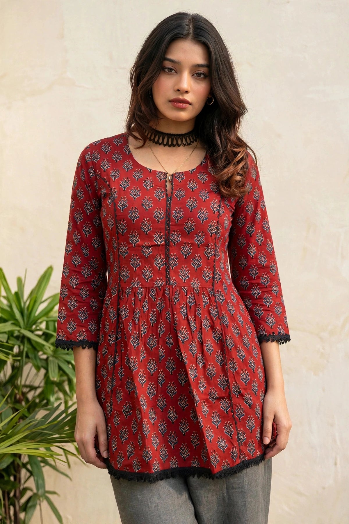 Women Rust Floral Printed Short Kurti 3/4 Sleeves - with Lace Border ATL1265