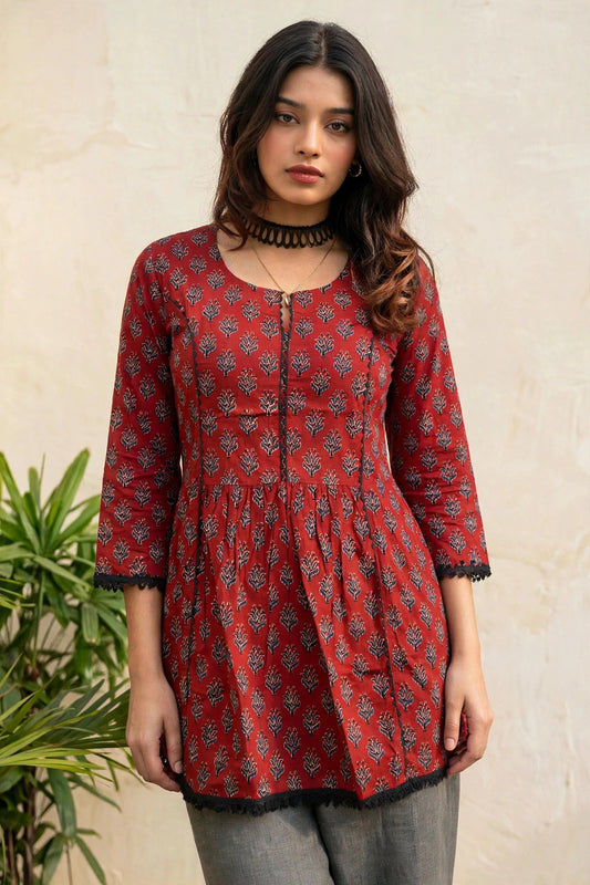 Women Rust Floral Printed Short Kurti 3/4 Sleeves - with Lace Border ATL1265