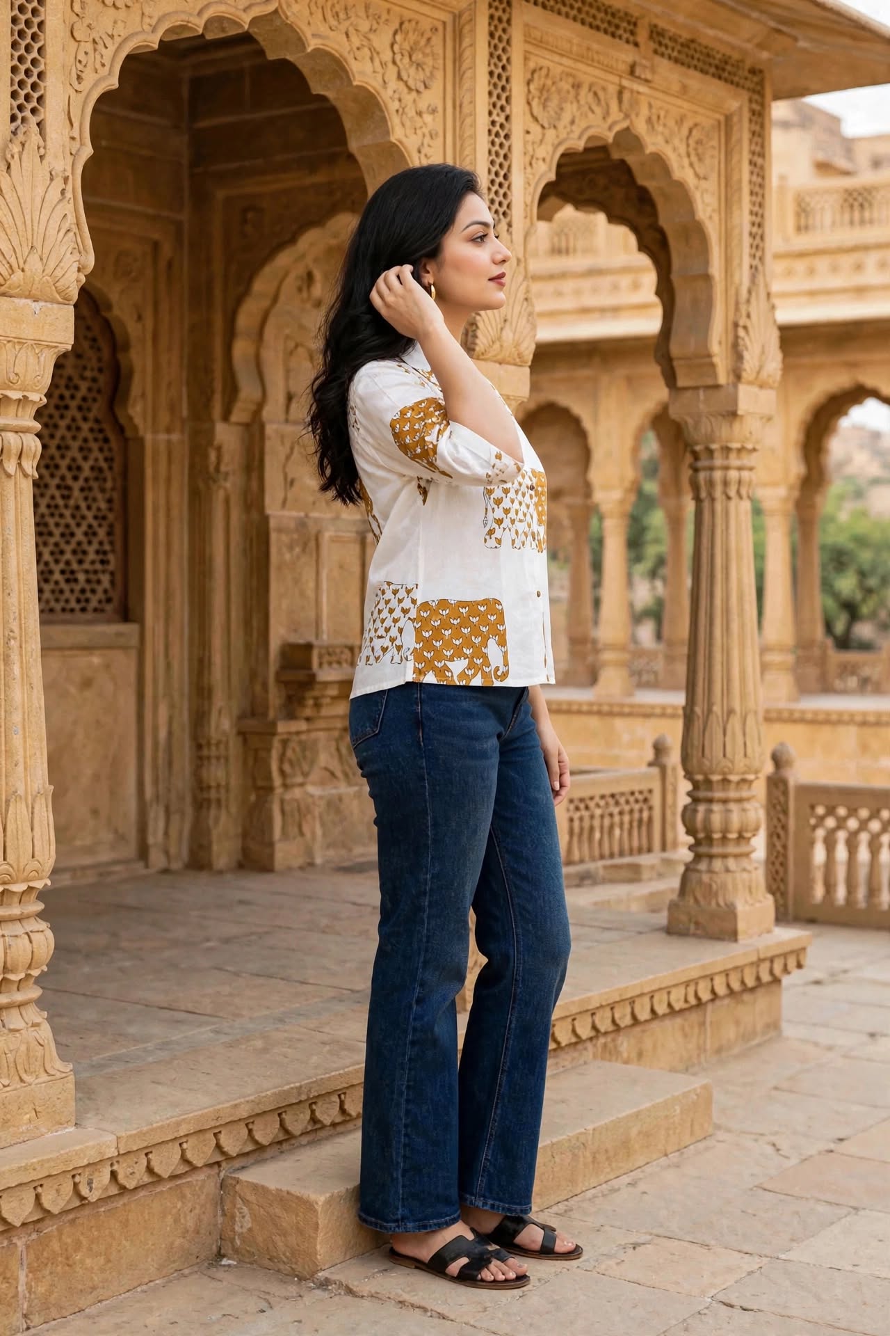 Women Mustard Elephant Printed Cotton Shirt - 3/4 Sleeves ATL8238