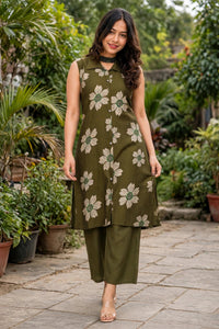 Women Mehndi Green Colour Floral Printed Sleeveless Kurta & Plazo Coord Set SHALINI-277