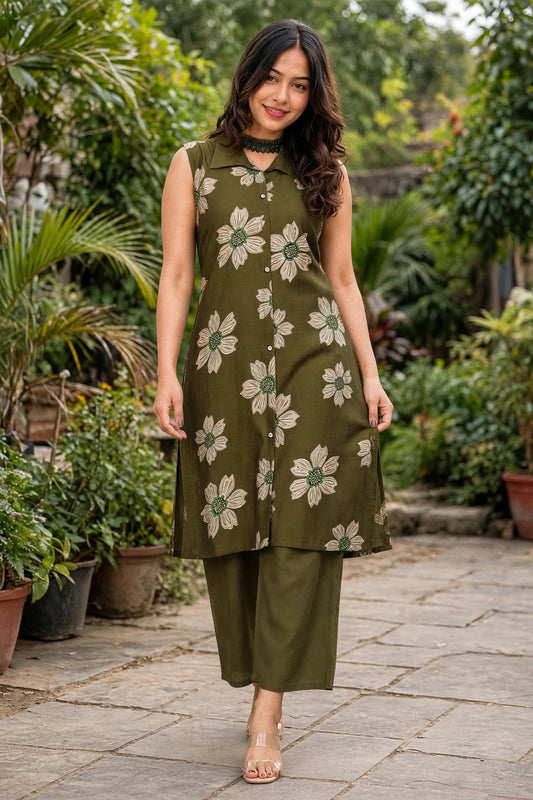 Women Mehndi Green Colour Floral Printed Sleeveless Kurta & Plazo Coord Set SHALINI-277