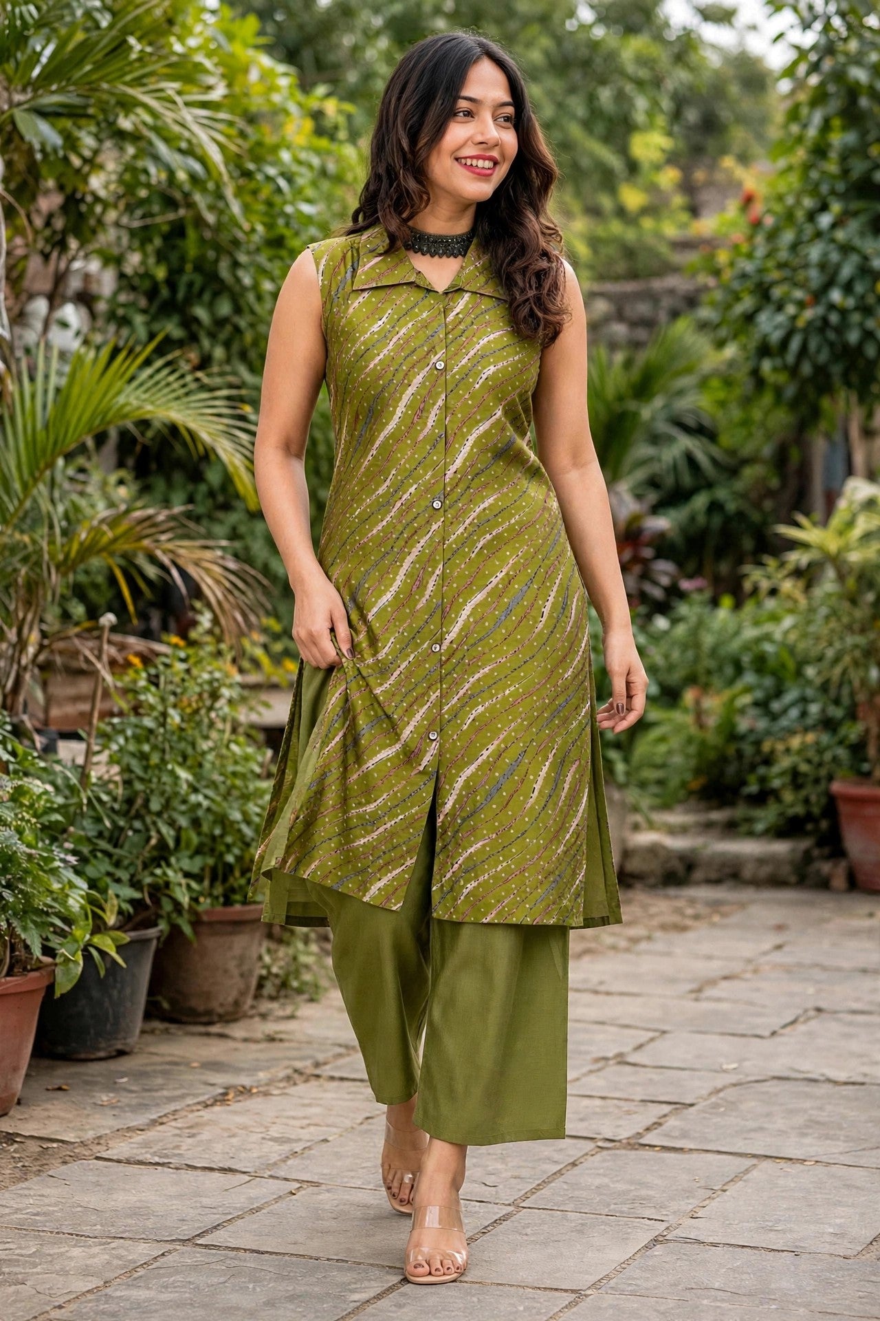 Women Green Leheriya Printed Sleeveless Kurta & Plazo Coord Set SHALINI-278