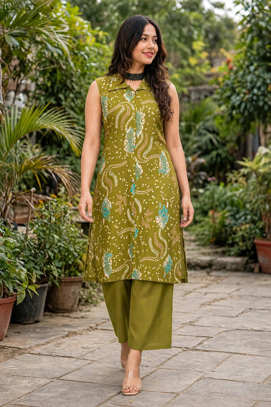 Women Green Bandhani Printed Sleeveless Kurta & Plazo Coord Set SHALINI-269
